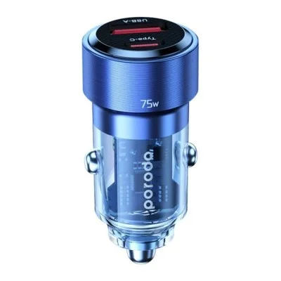 Porodo 75W Dual Port Transparent Aluminum Car Charger - Blue